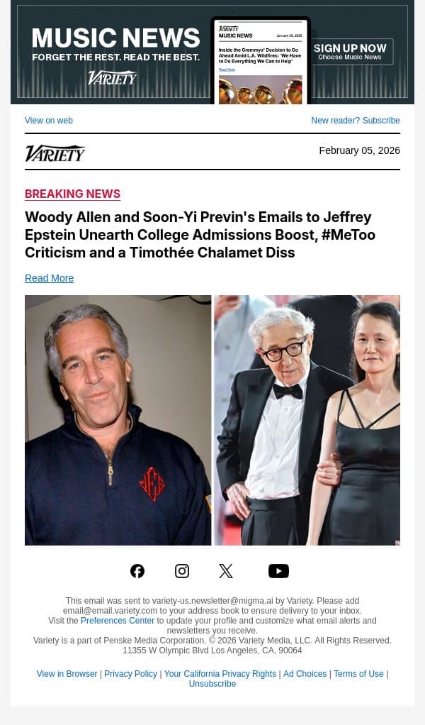 Woody Allen and Soon-Yi Previn's Emails to Jeffrey Epstein Unearth College Admissions Boost, #MeToo Criticism and a Timothée Chalamet Diss email from Variety screenshot