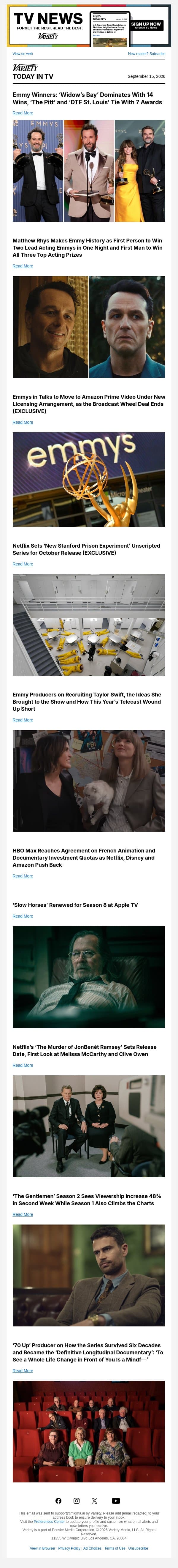 Emmy Winners; Matthew Rhys Makes History; Emmys in Talks to Move to Amazon Prime email from Variety screenshot