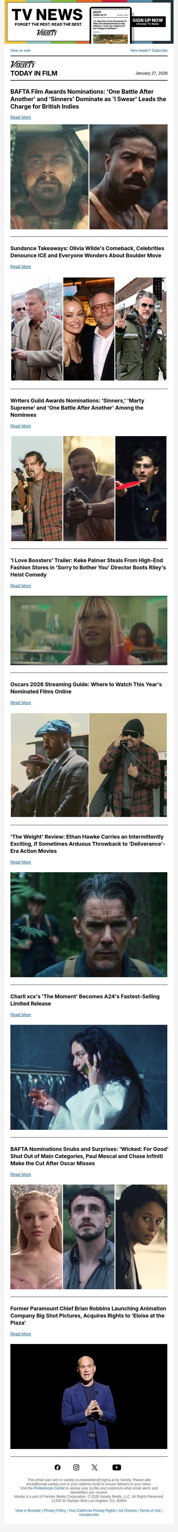 BAFTA Film Noms; Sundance Takeaways; WGA Noms email from Variety screenshot