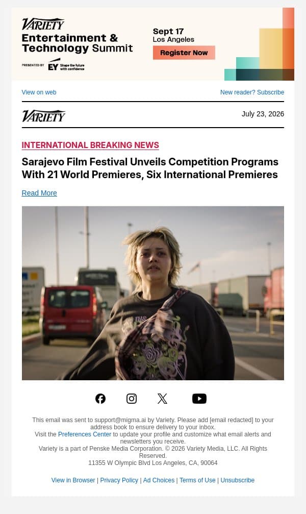 Sarajevo Film Festival Unveils Competition Programs With 21 World Premieres, Six International Premieres email from Variety screenshot