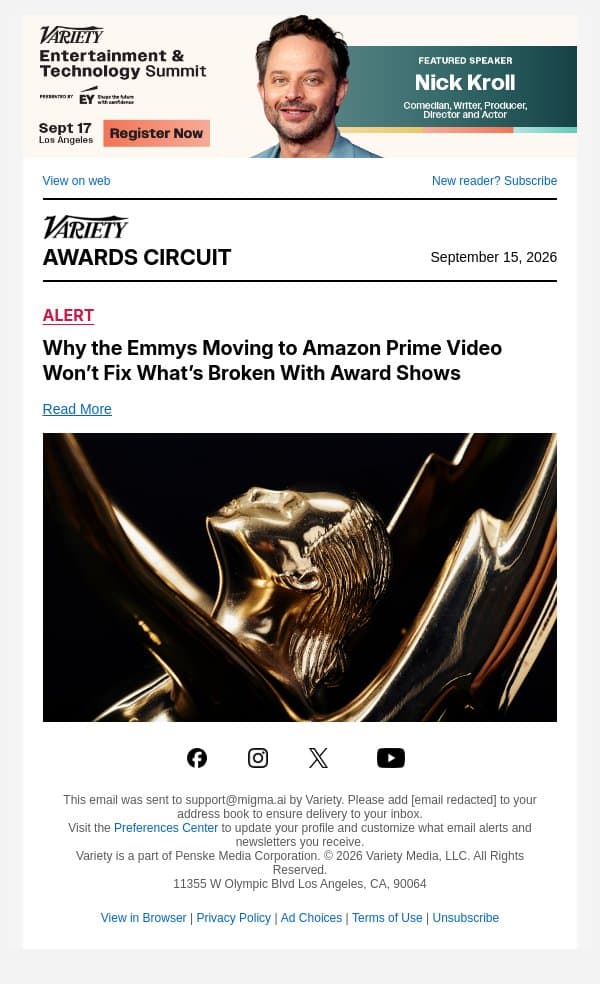 Why the Emmys Moving to Amazon Prime Video Won’t Fix What’s Broken With Award Shows email from Variety screenshot