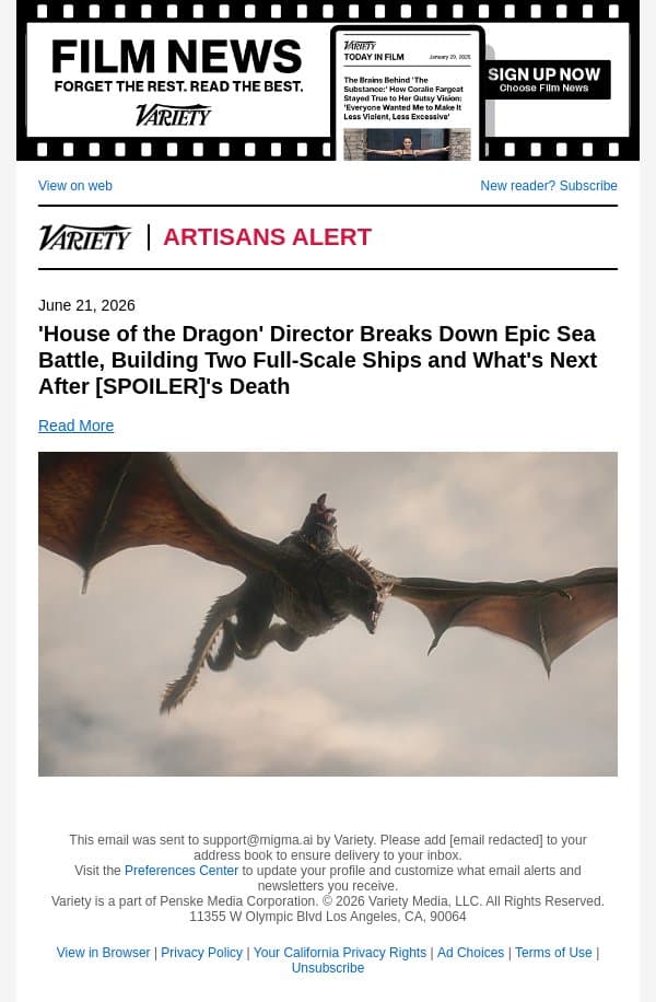 'House of the Dragon' Director Breaks Down Epic Sea Battle, Building Two Full-Scale Ships and What's Next After [SPOILER]'s Death email from Variety screenshot
