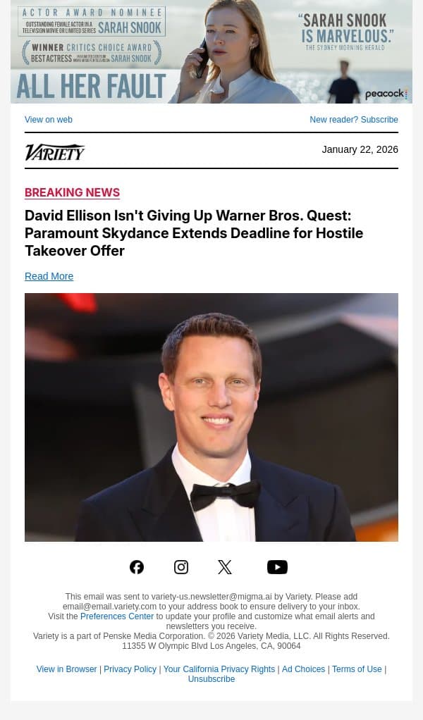 David Ellison Isn't Giving Up Warner Bros. Quest: Paramount Skydance Extends Deadline for Hostile Takeover Offer email from Variety screenshot