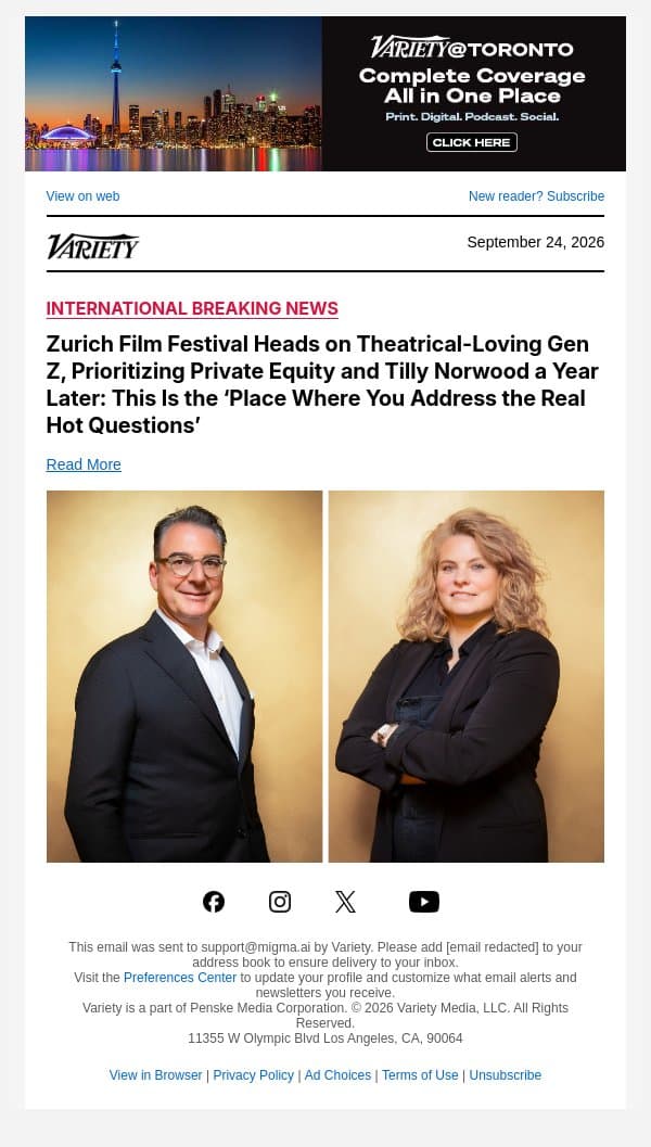 Zurich Film Festival Heads on Theatrical-Loving Gen Z, Prioritizing Private Equity and Tilly Norwood a Year Later: This Is the ‘Place Where You Address the Real Hot Questions’ email from Variety screenshot