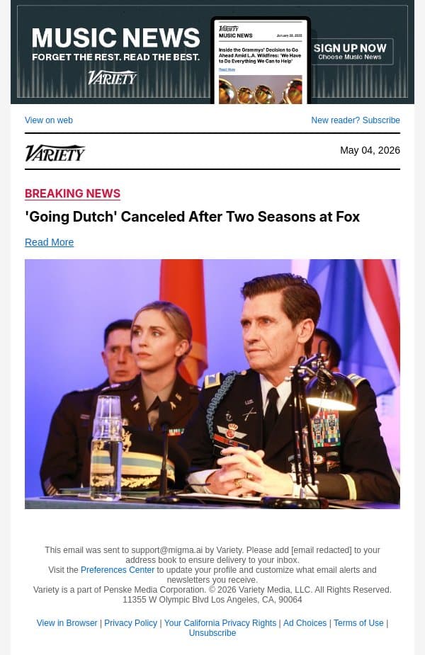 'Going Dutch' Canceled After Two Seasons at Fox email from Variety screenshot