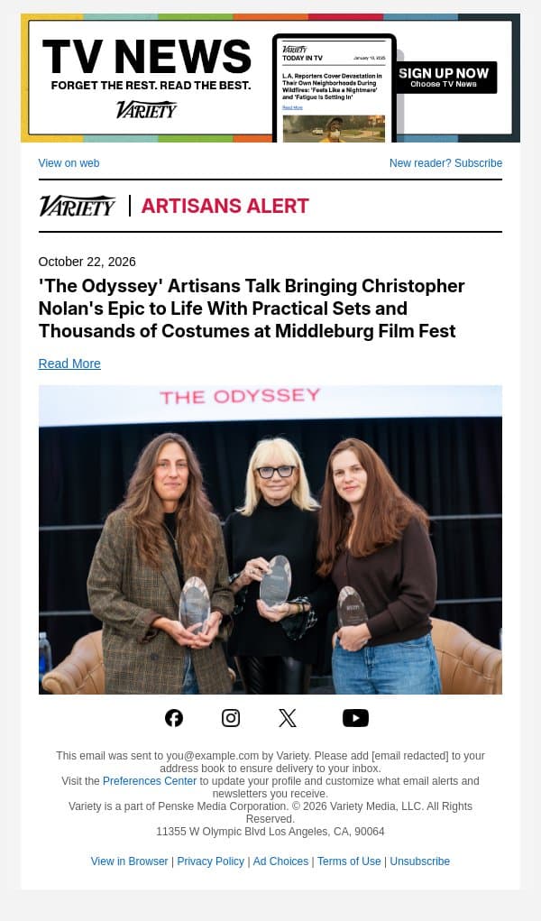 'The Odyssey' Artisans Talk Bringing Christopher Nolan's Epic to Life With Practical Sets and Thousands of Costumes at Middleburg Film Fest email from Variety screenshot