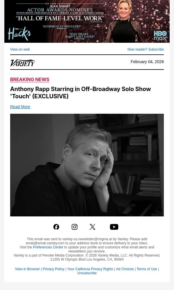 Anthony Rapp Starring in Off-Broadway Solo Show 'Touch' (EXCLUSIVE) email from Variety screenshot