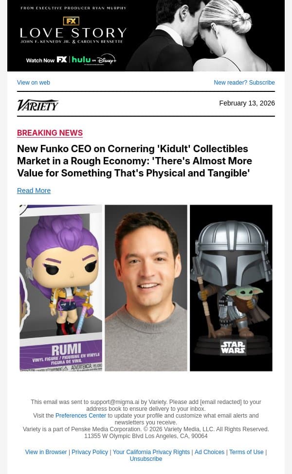 New Funko CEO on Cornering 'Kidult' Collectibles Market in a Rough Economy: 'There's Almost More Value for Something That's Physical and Tangible' email from Variety screenshot