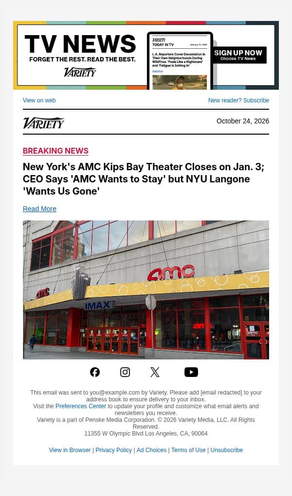 New York's AMC Kips Bay Theater Closes on Jan. 3; CEO Says 'AMC Wants to Stay' but NYU Langone 'Wants Us Gone' email from Variety screenshot