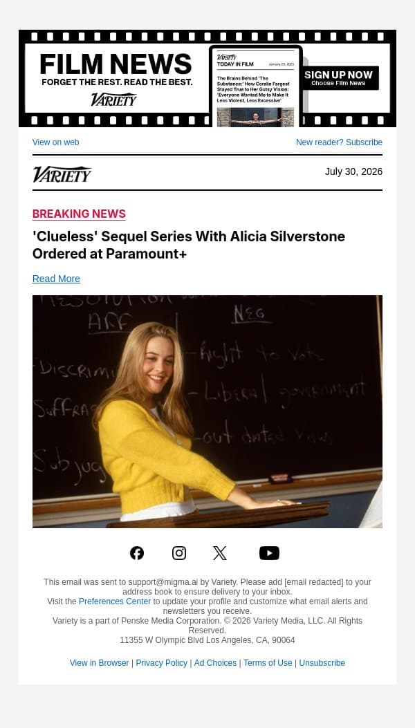 'Clueless' Sequel Series With Alicia Silverstone Ordered at Paramount+ email from Variety screenshot