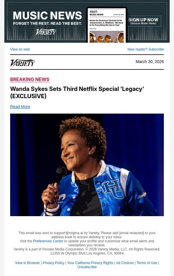 Wanda Sykes Sets Third Netflix Special 'Legacy' (EXCLUSIVE) email from Variety screenshot