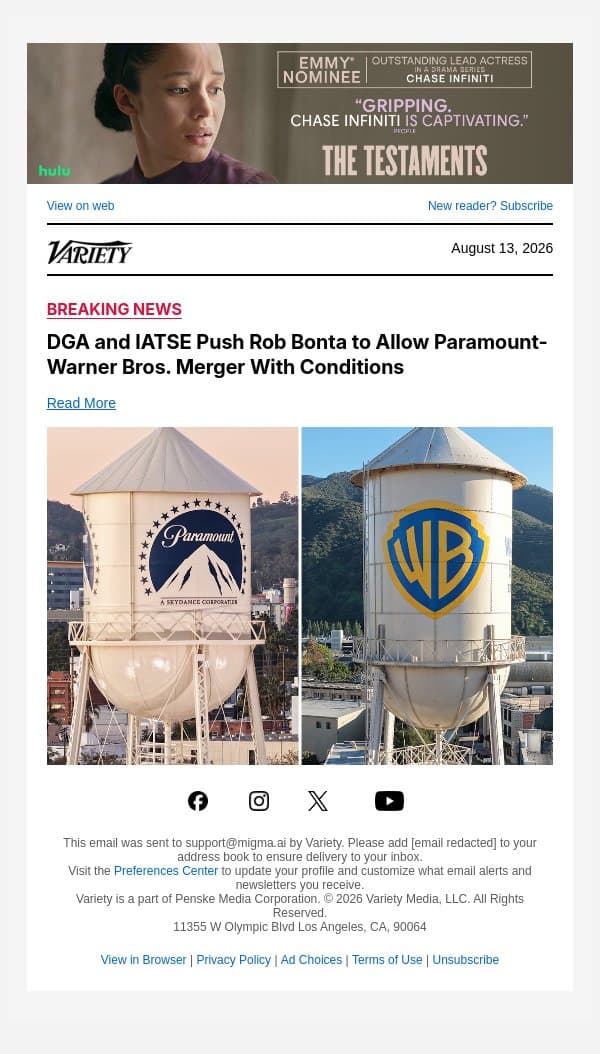 DGA and IATSE Push Rob Bonta to Allow Paramount-Warner Bros. Merger With Conditions email from Variety screenshot