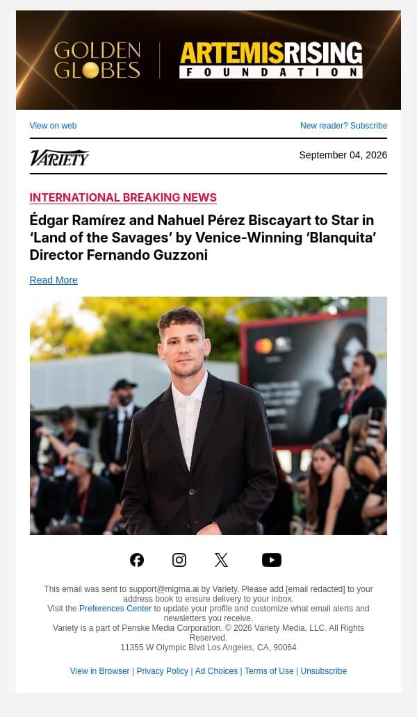 Édgar Ramírez and Nahuel Pérez Biscayart to Star in ‘Land of the Savages’ by Venice-Winning ‘Blanquita’ Director Fernando Guzzoni email from Variety screenshot