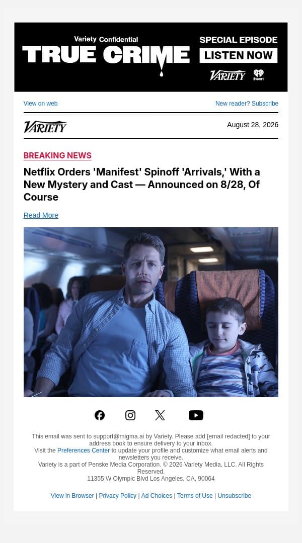 Netflix Orders 'Manifest' Spinoff 'Arrivals,' With a New Mystery and Cast — Announced on 8/28, Of Course email from Variety screenshot