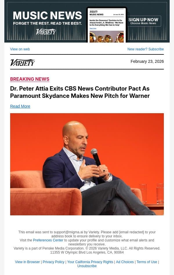 Dr. Peter Attia Exits CBS News Contributor Pact As Paramount Skydance Makes New Pitch for Warner email from Variety screenshot