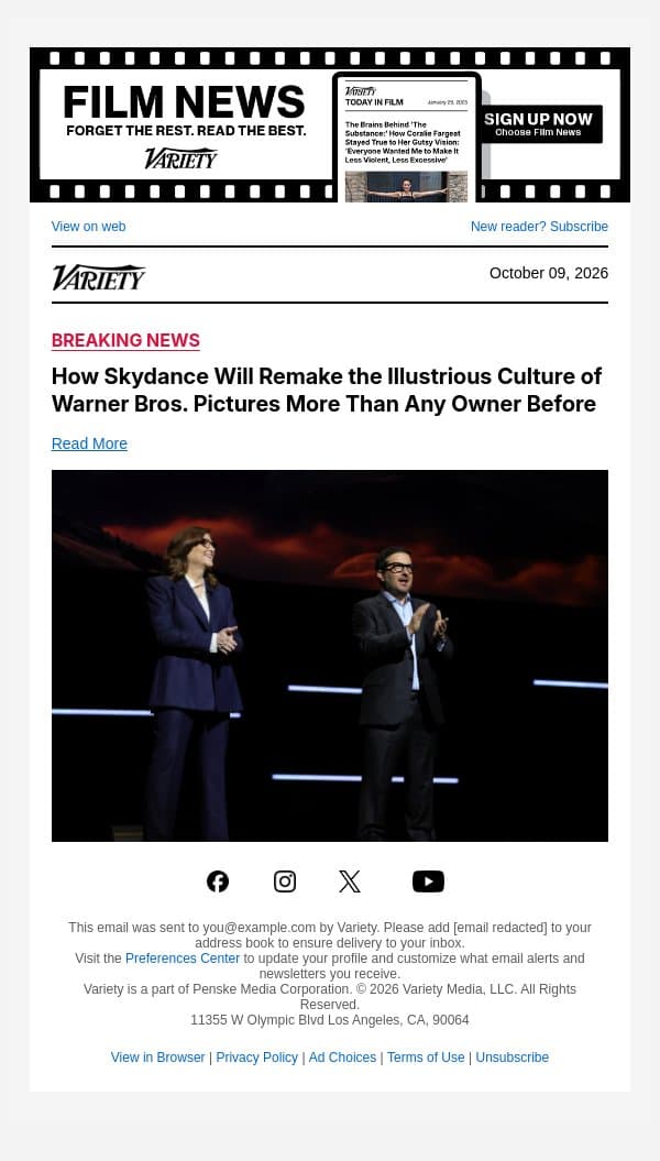 How Skydance Will Remake the Illustrious Culture of Warner Bros. Pictures More Than Any Owner Before email from Variety screenshot