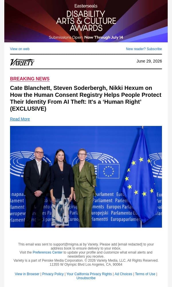 Cate Blanchett, Steven Soderbergh, Nikki Hexum on How the Human Consent Registry Helps People Protect Their Identity From AI Theft: It's a ‘Human Right’ (EXCLUSIVE) email from Variety screenshot
