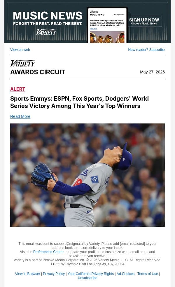 Sports Emmys: ESPN, Fox Sports, Dodgers' World Series Victory Among This Year's Top Winners email from Variety screenshot
