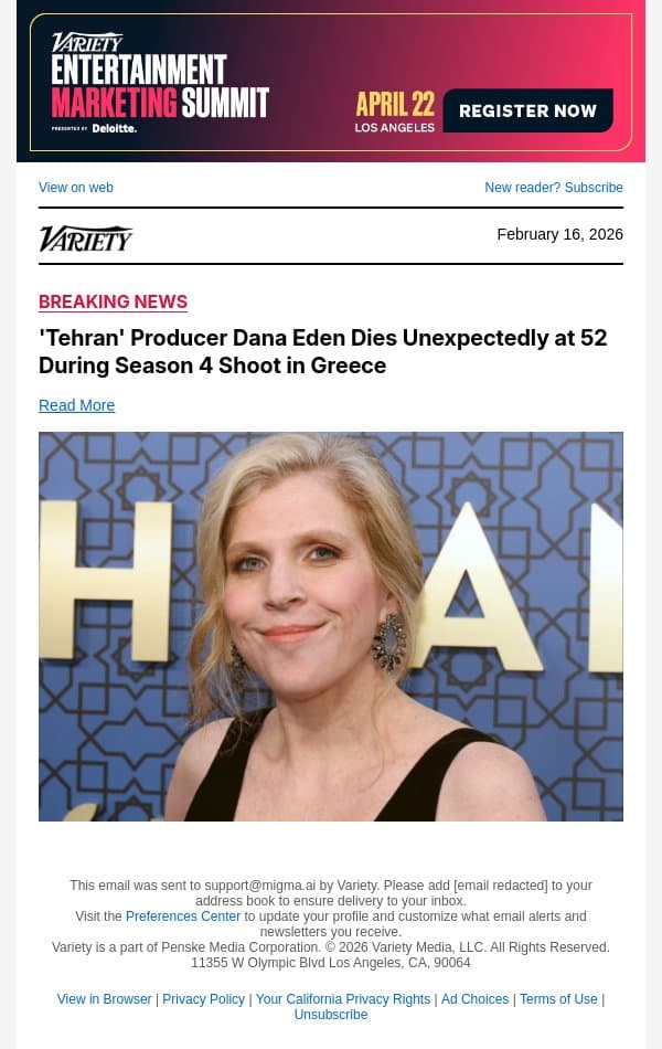 'Tehran' Producer Dana Eden Dies Unexpectedly at 52 During Season 4 Shoot in Greece email from Variety screenshot