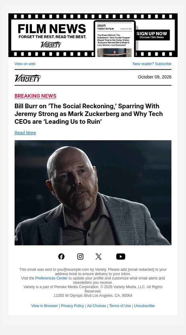 Bill Burr on ‘The Social Reckoning,’ Sparring With Jeremy Strong as Mark Zuckerberg and Why Tech CEOs are ‘Leading Us to Ruin’ email from Variety screenshot