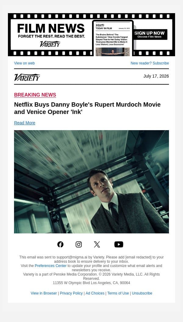 Netflix Buys Danny Boyle's Rupert Murdoch Movie and Venice Opener 'Ink' email from Variety screenshot