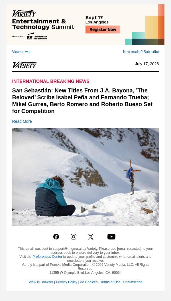 San Sebastián: New Titles From J.A. Bayona, ’The Beloved’ Scribe Isabel Peña and Fernando Trueba; Mikel Gurrea, Berto Romero and Roberto Bueso Set for Competition email from Variety screenshot