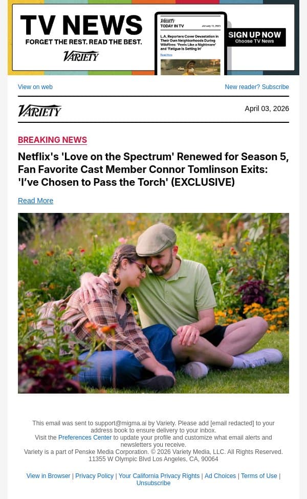 Netflix's 'Love on the Spectrum' Renewed for Season 5, Fan Favorite Cast Member Connor Tomlinson Exits: 'I’ve Chosen to Pass the Torch' (EXCLUSIVE) email from Variety screenshot