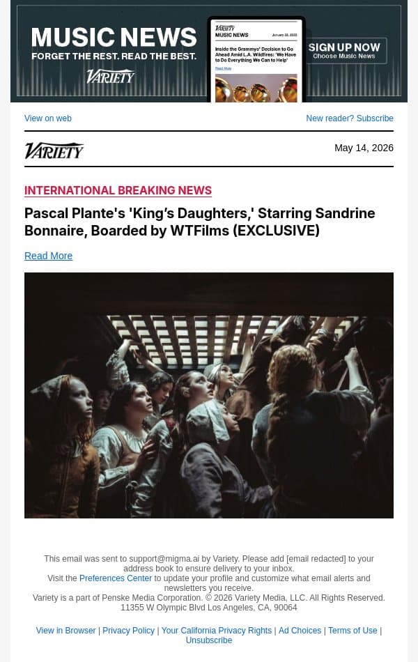 Pascal Plante's 'King’s Daughters,' Starring Sandrine Bonnaire, Boarded by WTFilms (EXCLUSIVE) email from Variety screenshot
