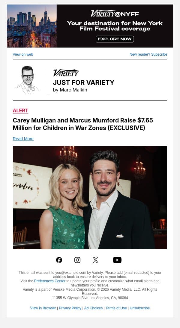 Carey Mulligan and Marcus Mumford Raise $7.65 Million for Children in War Zones (EXCLUSIVE) email from Variety screenshot