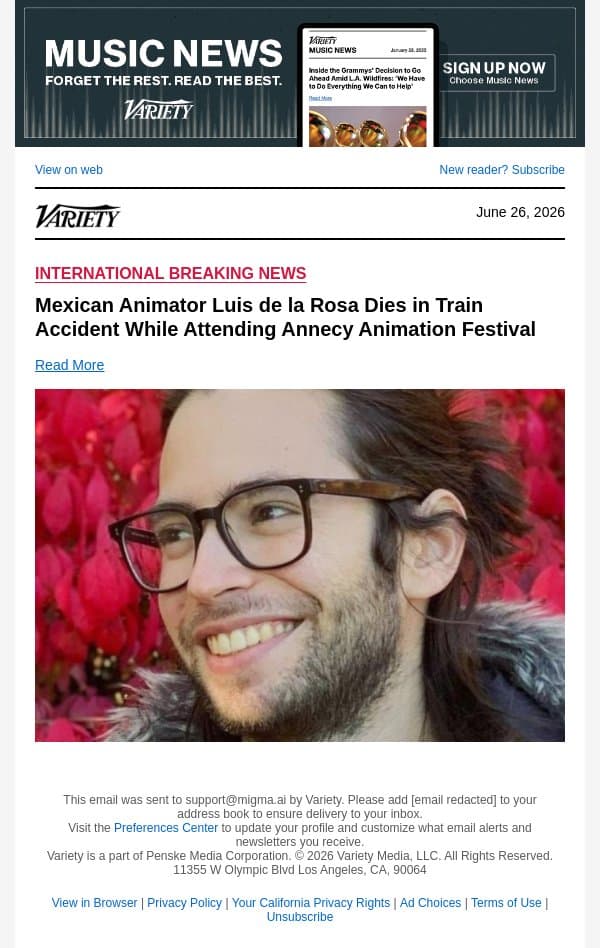 Mexican Animator Luis de la Rosa Dies in Train Accident While Attending Annecy Animation Festival email from Variety screenshot