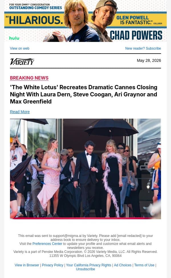 'The White Lotus' Recreates Dramatic Cannes Closing Night With Laura Dern, Steve Coogan, Ari Graynor and Max Greenfield email from Variety screenshot