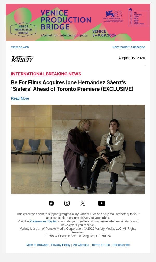 Be For Films Acquires Ione Hernández Sáenz’s 'Sisters' Ahead of Toronto Premiere (EXCLUSIVE) email from Variety screenshot