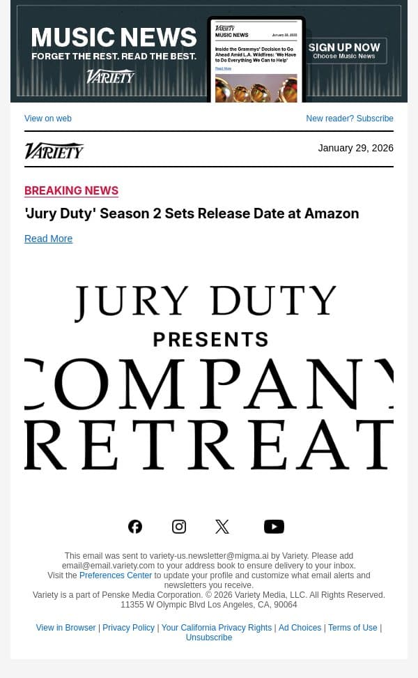 'Jury Duty' Season 2 Sets Release Date at Amazon email from Variety screenshot