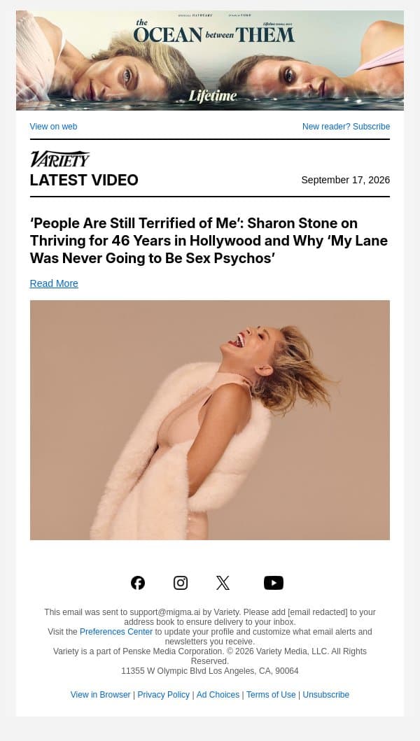 ‘People Are Still Terrified of Me’: Sharon Stone on Thriving for 46 Years in Hollywood and Why ‘My Lane Was Never Going to Be Sex Psychos’ email from Variety screenshot