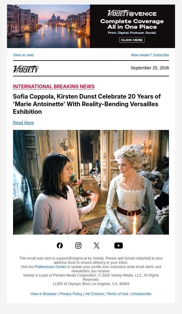 Sofia Coppola, Kirsten Dunst Celebrate 20 Years of 'Marie Antoinette' With Reality-Bending Versailles Exhibition email from Variety screenshot