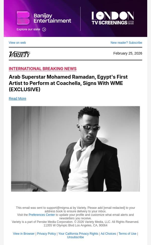 Arab Superstar Mohamed Ramadan, Egypt's First Artist to Perform at Coachella, Signs With WME (EXCLUSIVE) email from Variety screenshot