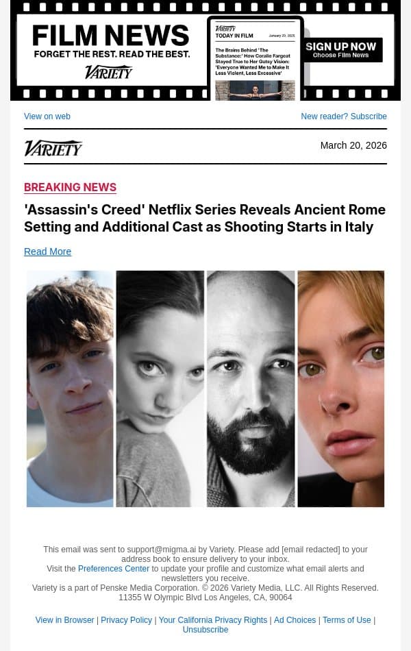 'Assassin's Creed' Netflix Series Reveals Ancient Rome Setting and Additional Cast as Shooting Starts in Italy email from Variety screenshot