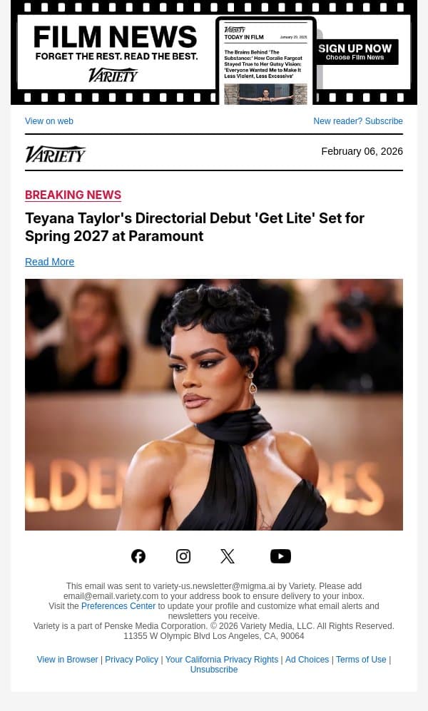 Teyana Taylor's Directorial Debut 'Get Lite' Set for Spring 2027 at Paramount email from Variety screenshot