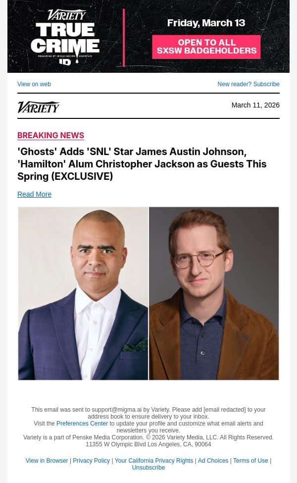 'Ghosts' Adds 'SNL' Star James Austin Johnson, 'Hamilton' Alum Christopher Jackson as Guests This Spring (EXCLUSIVE) email from Variety screenshot