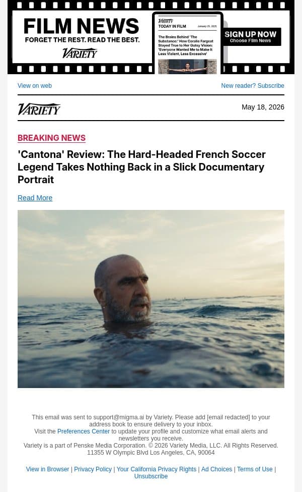 'Cantona' Review: The Hard-Headed French Soccer Legend Takes Nothing Back in a Slick Documentary Portrait email from Variety screenshot