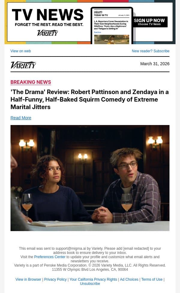 'The Drama' Review: Robert Pattinson and Zendaya in a Half-Funny, Half-Baked Squirm Comedy of Extreme Marital Jitters email from Variety screenshot