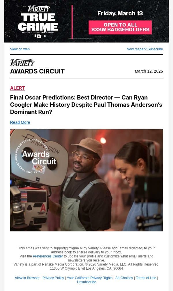 Final Oscar Predictions: Best Director — Can Ryan Coogler Make History Despite Paul Thomas Anderson’s Dominant Run? email from Variety screenshot
