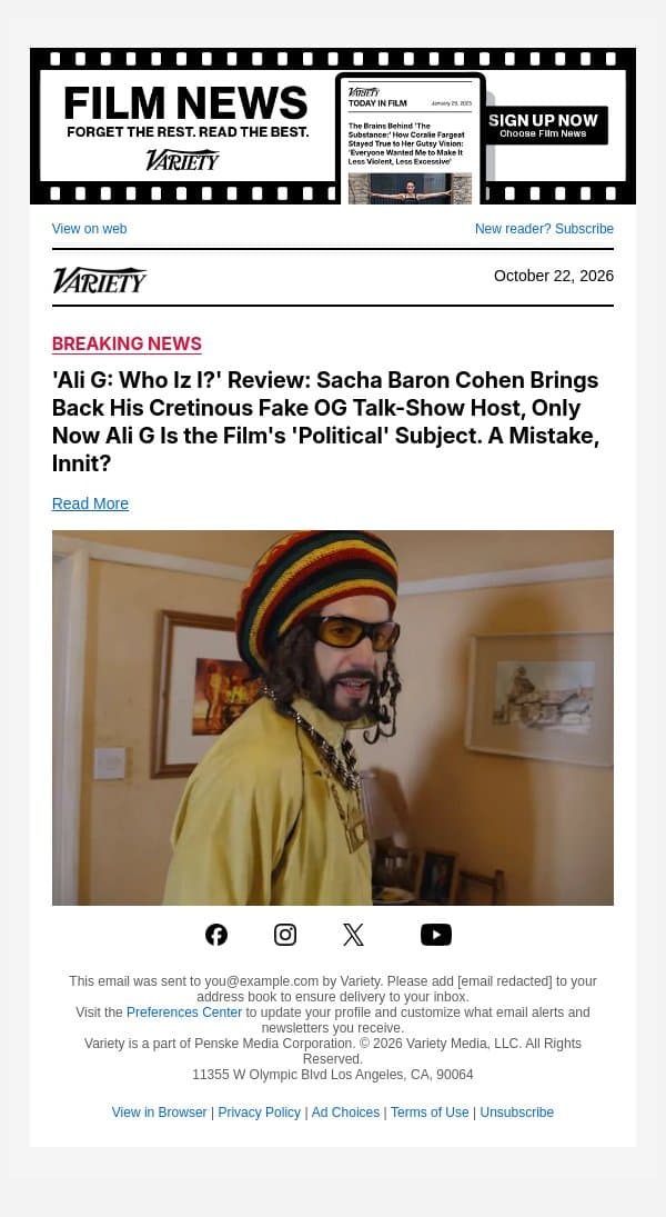 'Ali G: Who Iz I?' Review: Sacha Baron Cohen Brings Back His Cretinous Fake OG Talk-Show Host, Only Now Ali G Is the Film's 'Political' Subject. A Mistake, Innit? email from Variety screenshot