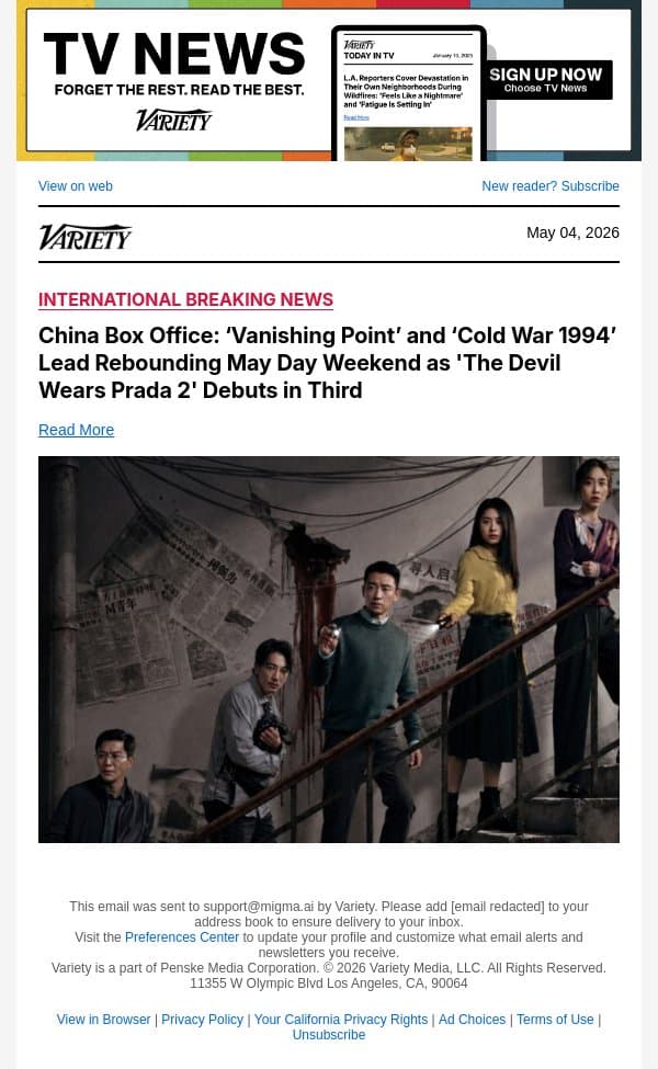 China Box Office: ‘Vanishing Point’ and ‘Cold War 1994’ Lead Rebounding May Day Weekend as 'The Devil Wears Prada 2' Debuts in Third email from Variety screenshot