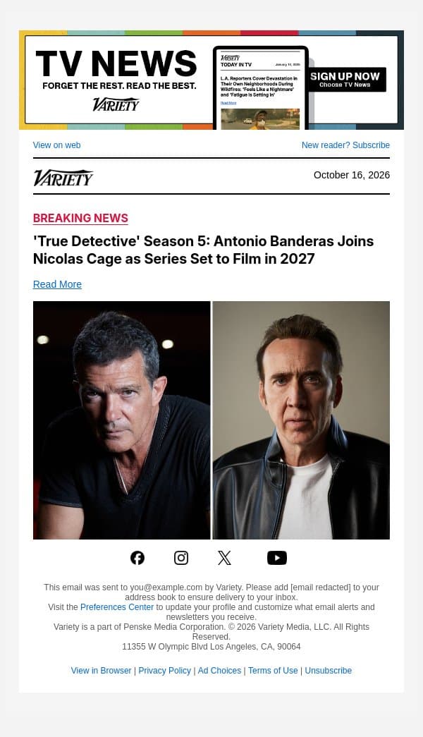 'True Detective' Season 5: Antonio Banderas Joins Nicolas Cage as Series Set to Film in 2027 email from Variety screenshot