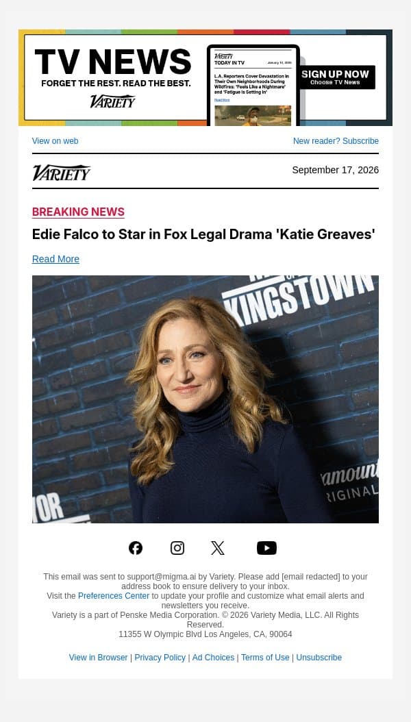Edie Falco to Star in Fox Legal Drama 'Katie Greaves' email from Variety screenshot