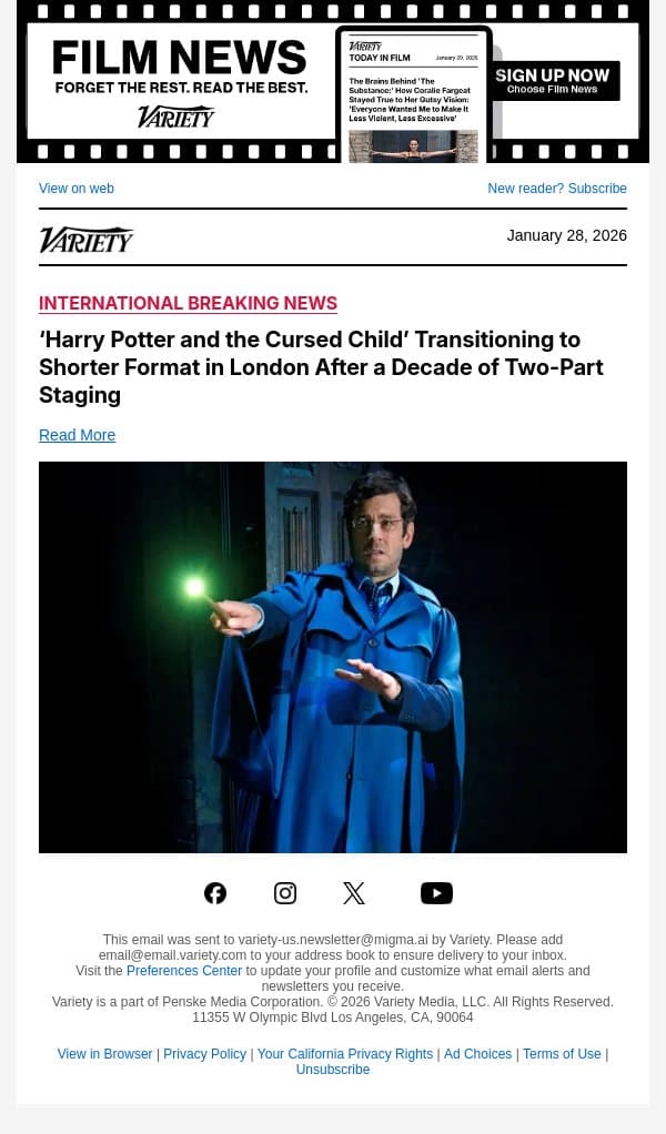 ‘Harry Potter and the Cursed Child’ Transitioning to Shorter Format in London After a Decade of Two-Part Staging email from Variety screenshot