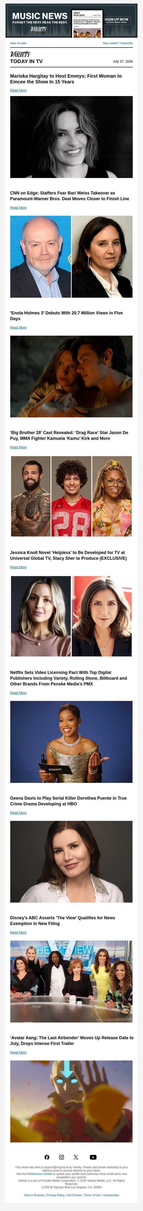 Mariska Hargitay to Host Emmys; CNN on Edge; ‘Enola Holmes 3’ Ratings email from Variety screenshot