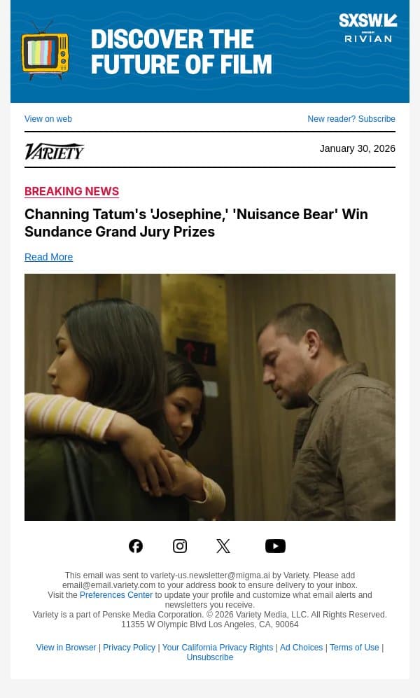 Channing Tatum's 'Josephine,' 'Nuisance Bear' Win Sundance Grand Jury Prizes email from Variety screenshot