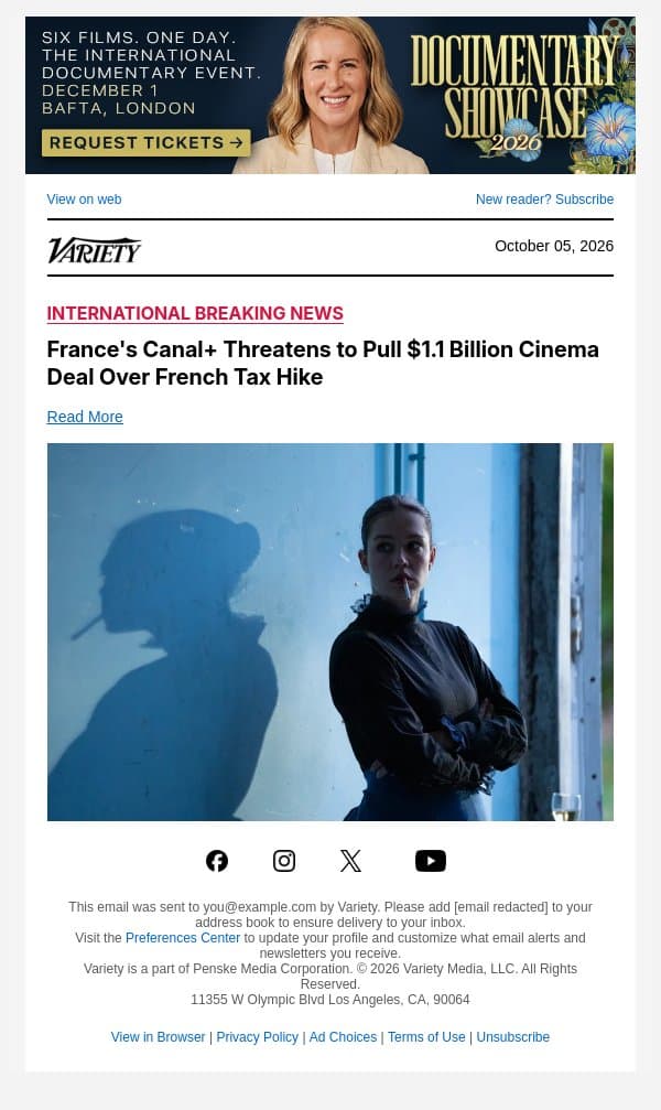 France's Canal+ Threatens to Pull $1.1 Billion Cinema Deal Over French Tax Hike email from Variety screenshot